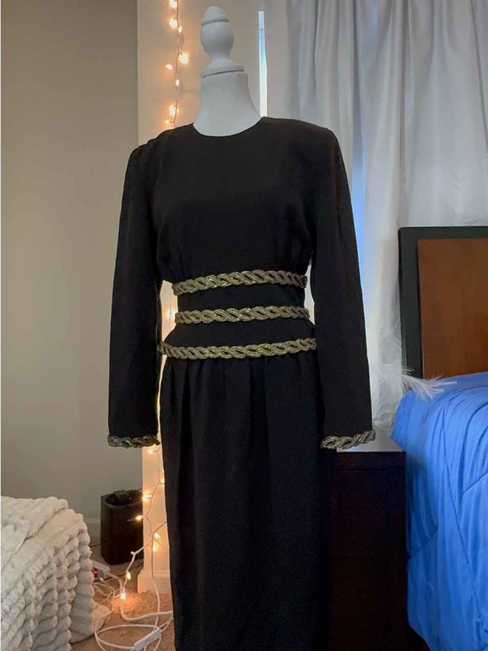 Albert Nipon Black Long-Sleeve Dress with Gold Braid Accents